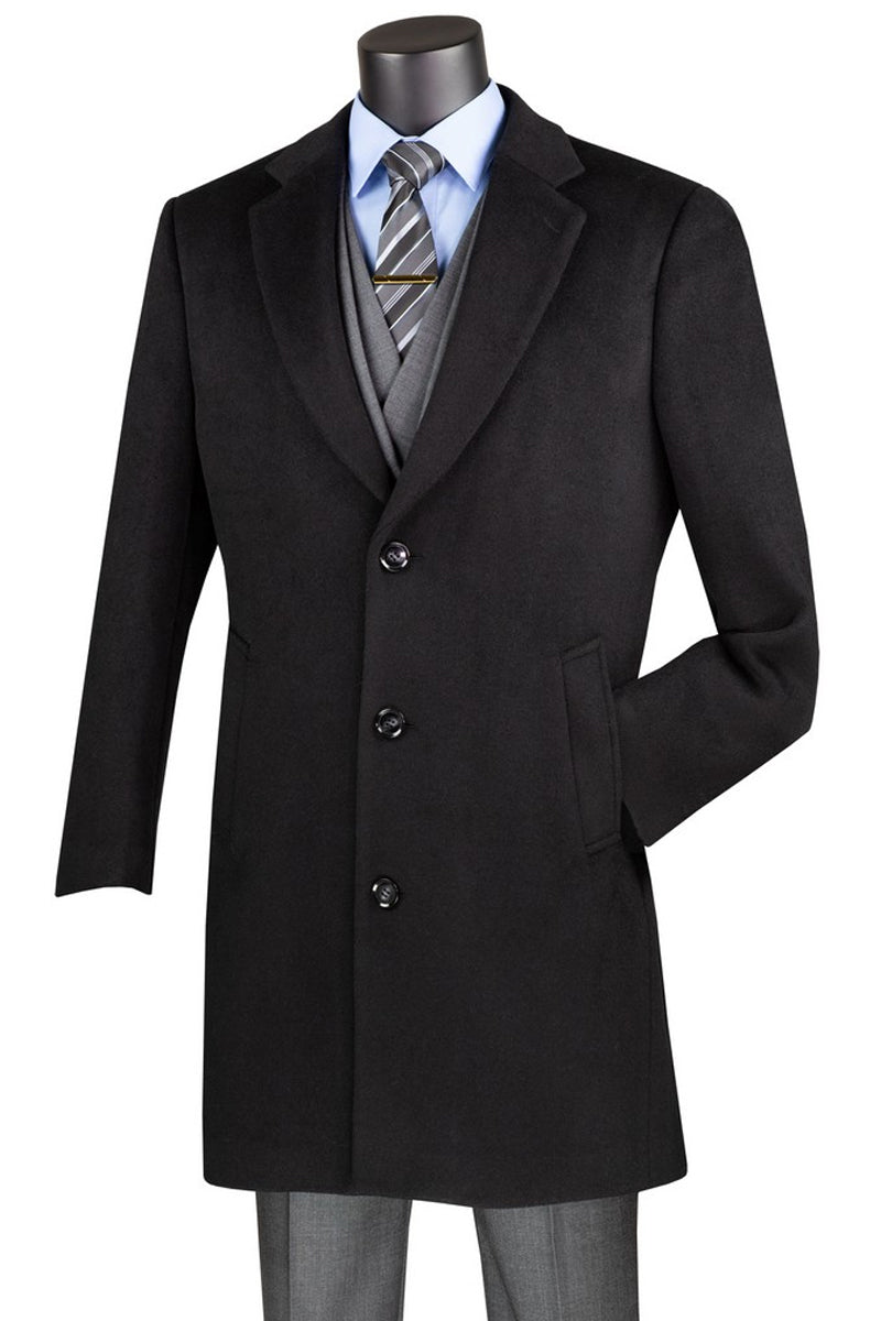 Men's Short Length Wool & Cashmere Car Coat Overcoat in Black