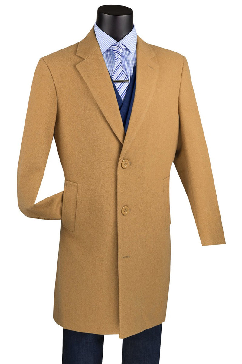 Men's Short Length Wool & Cashmere Car Coat Overcoat in Camel