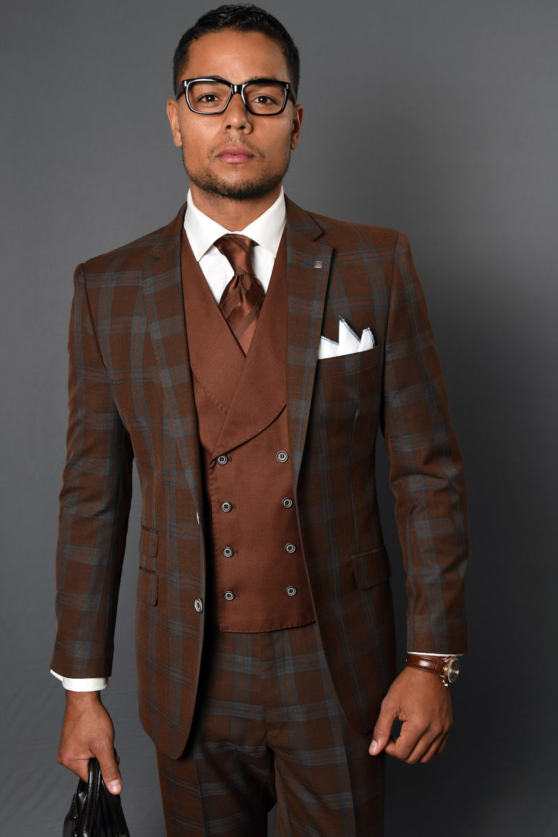 Men's Modern Fit Wool Suit with Doulbe Breasted Vest in Copper Plaid