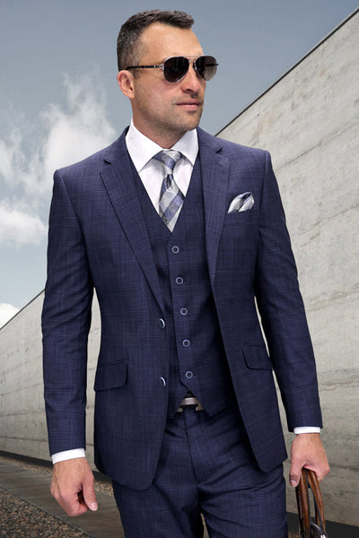 Men's Designer Vested Wool Modern Fit Sharkskin Suit in Navy Blue