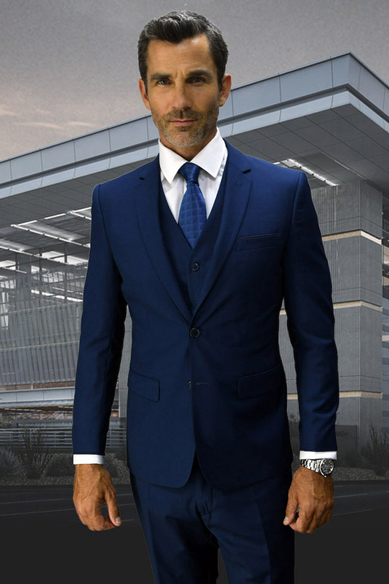 Men's Two Button Designer Modern Fit Wool Vested Suit in Sapphire Blue