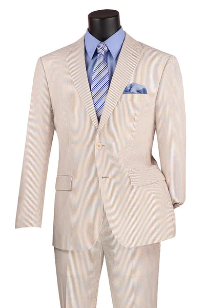 Men's 2PC Summer Seersucker Modern Fit Suit in Tan Pinstripe