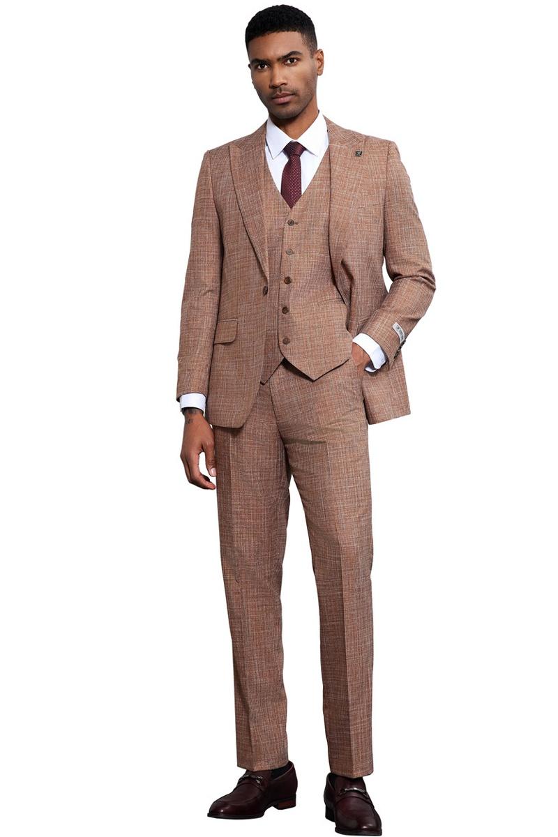Men's Stacy Adams Vested Sharkskin Weave Pattern Suit in Light Rust ...