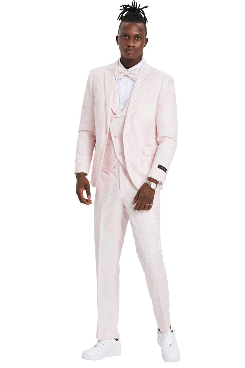 Men's One Button Double Brested Vest Notch Lapel Prom & Wedding Suit in Pink Polka Dot