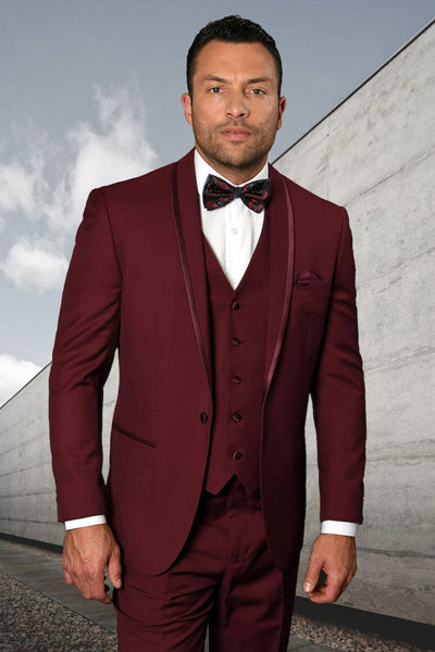 Men's Vested Satin Trim Shawl Wedding & Prom Tuxedo in Burgundy