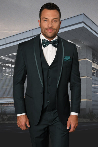 Men's Vested Satin Trim Shawl Wedding & Prom Tuxedo in Hunter Green