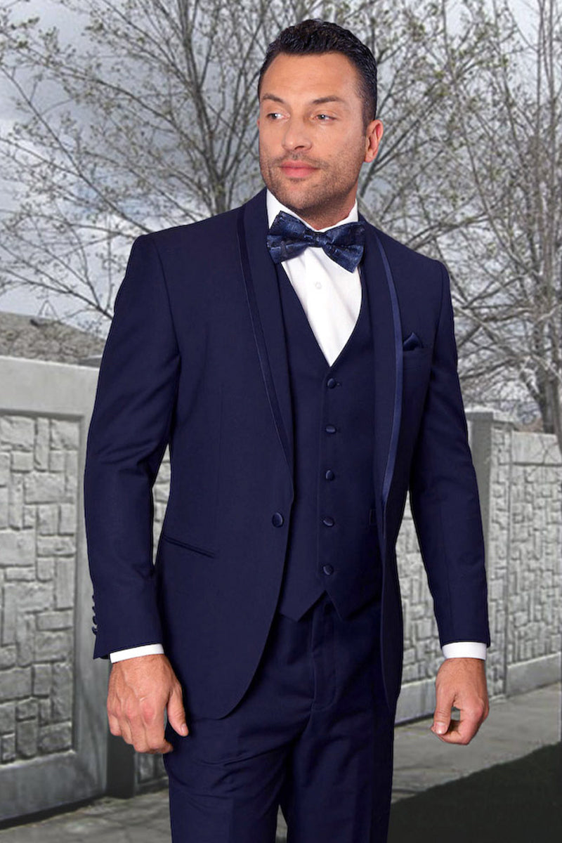 Men's Vested Satin Trim Shawl Wedding & Prom Tuxedo in Navy Blue