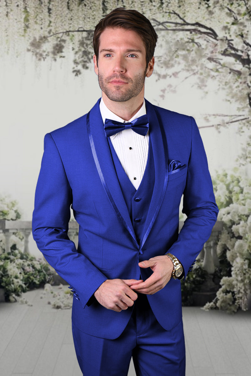 Men's Vested Satin Trim Shawl Wedding & Prom Tuxedo in Royal Blue