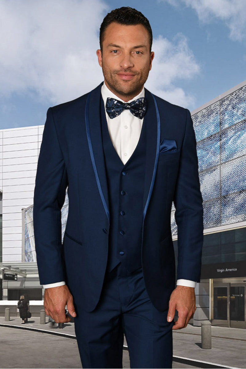 Men's Vested Satin Trim Shawl Wedding & Prom Tuxedo in Sapphire Blue