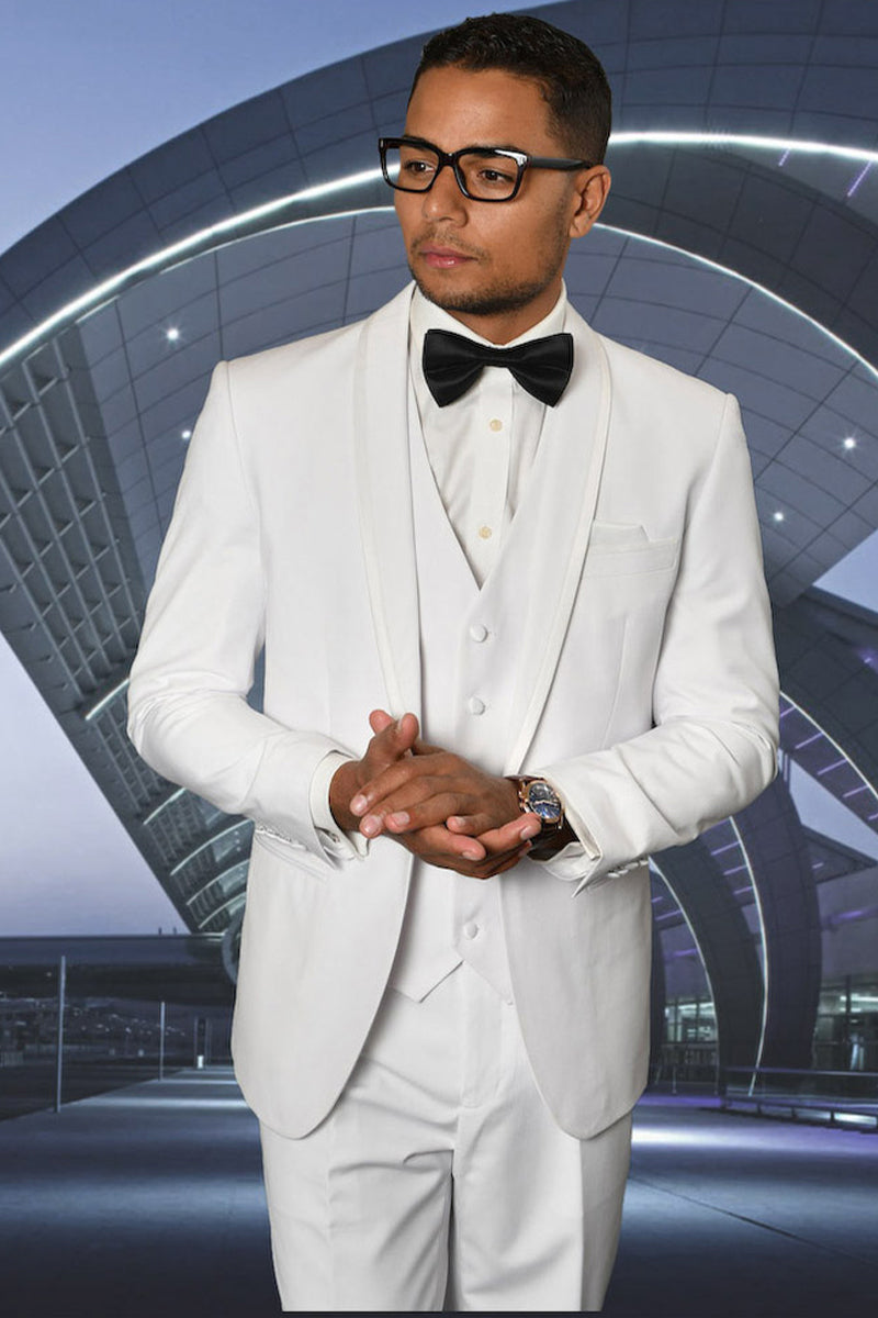 Men's Vested Satin Trim Shawl Wedding & Prom Tuxedo in White