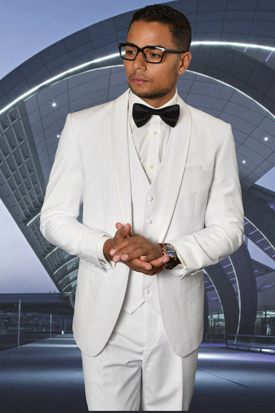 Men's Vested Satin Trim Shawl Wedding & Prom Tuxedo in White