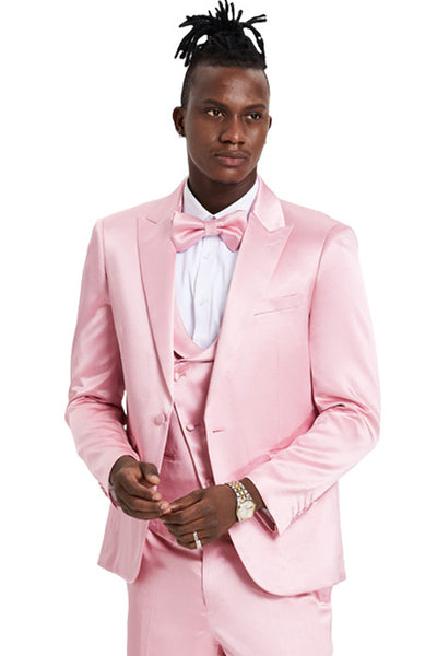 Men's One Button Vested Shiny Satin Sharksking Prom & Wedding Party Suit in Dusty Rose