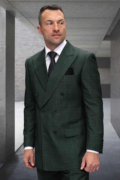 Men's Designer Classic Fit Double Breasted Wool Suit in Hunter Green Plaid