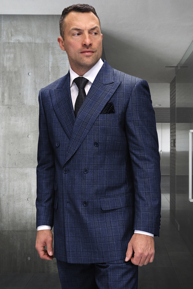 Men's Designer Classic Fit Double Breasted Wool Suit in Sapphire Blue Plaid