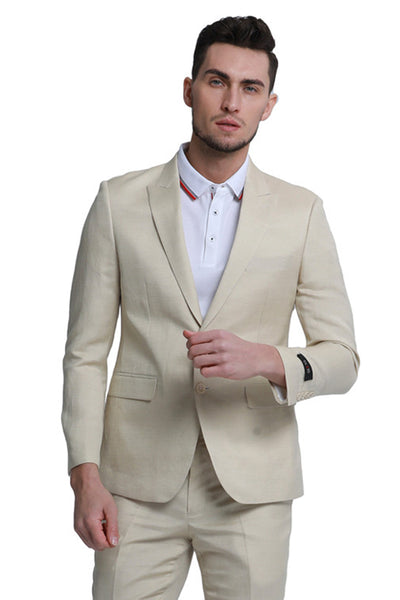 Men's Two Button Peak Lapel Summer Linen Style Beach Wedding Suit in Tan
