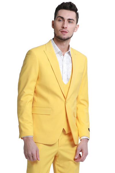 Men's Slim Fit One Button Peak Lapel Low Cut Double Breasted Vest Wedding Suit in Yellow