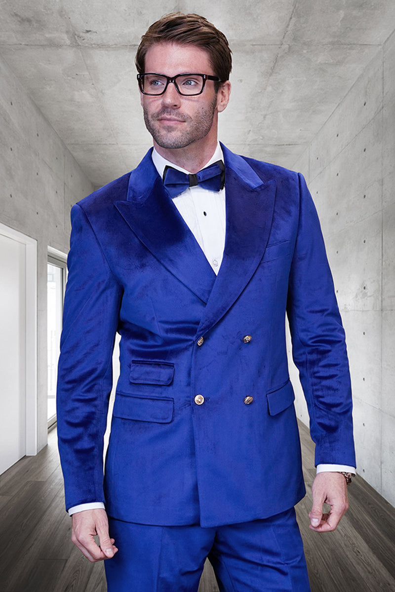 Men's Designer Double Breasted Velvet Suti with Gold Buttons in Sapphire Blue