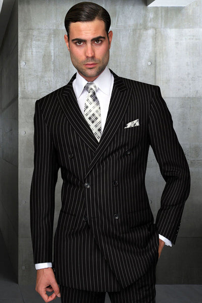 Men's Designer Double Breasted Wool Suit in Bold Black Gangster Pinstripe.