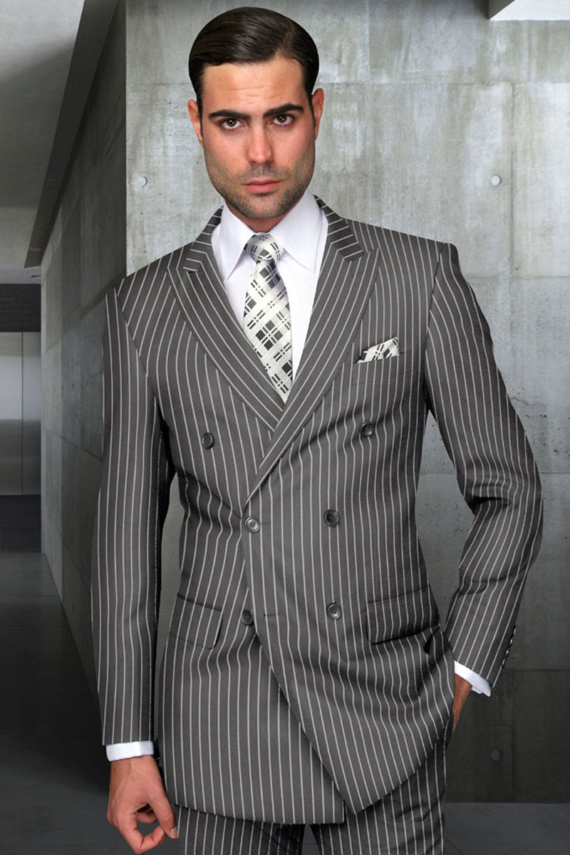 Men's Designer Double Breasted Wool Suit in Bold Grey Gangster Pinstripe.