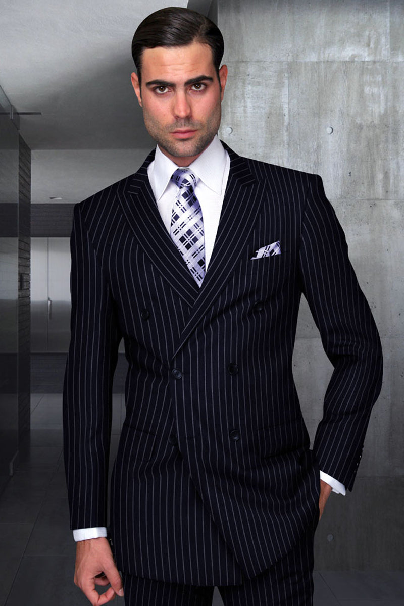 Men's Designer Double Breasted Wool Suit in Bold Navy Blue Gangster Pinstripe.