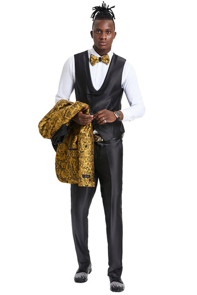 Men's One Button Slim Fit Shiny Paisley Floral Vested Prom Tuxedo in Gold