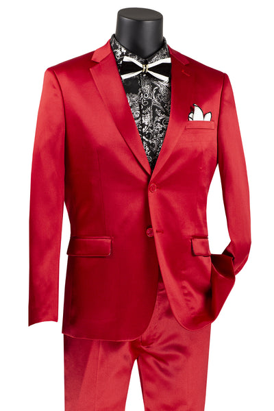 Men's Slim Fit Shiny Satin Prom & Wedding Sharkskin Suit in Red