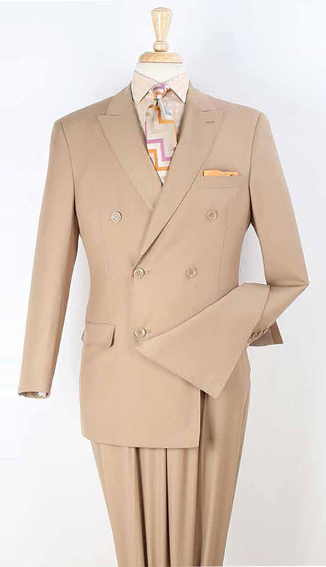Mens Classic Double Breasted Luxury Wool Feel Suit in Camel