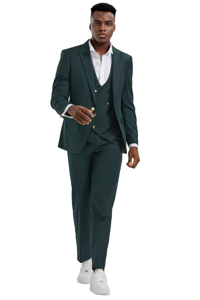 Men's One Button Peak Lapel Vested Suit with Gold Buttons in Hunter Green