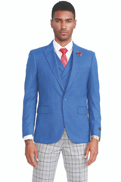 Men's One Button Vested Peak Lapel Suit in French Blue with Grey & Blue Plaid Pants