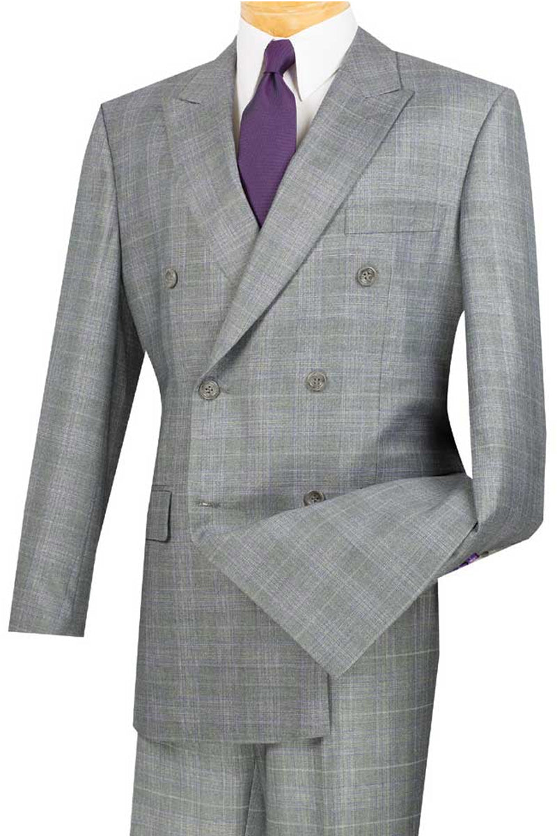 Men's Modern Fit Double Breasted Suit in Grey Glen Plaid