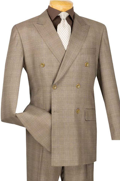 Men's Modern Fit Double Breasted Suit in Tan Glen Plaid