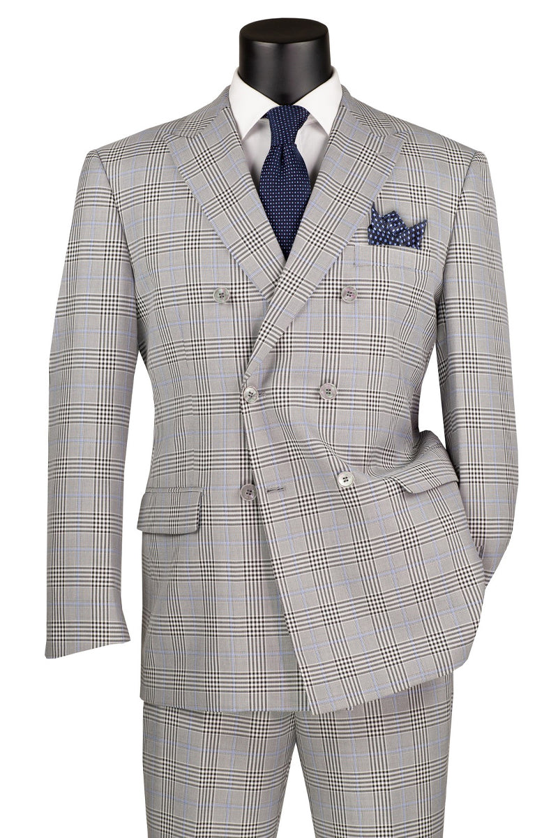 Men's Double Breasted Windowpane Plaid Suit in Grey