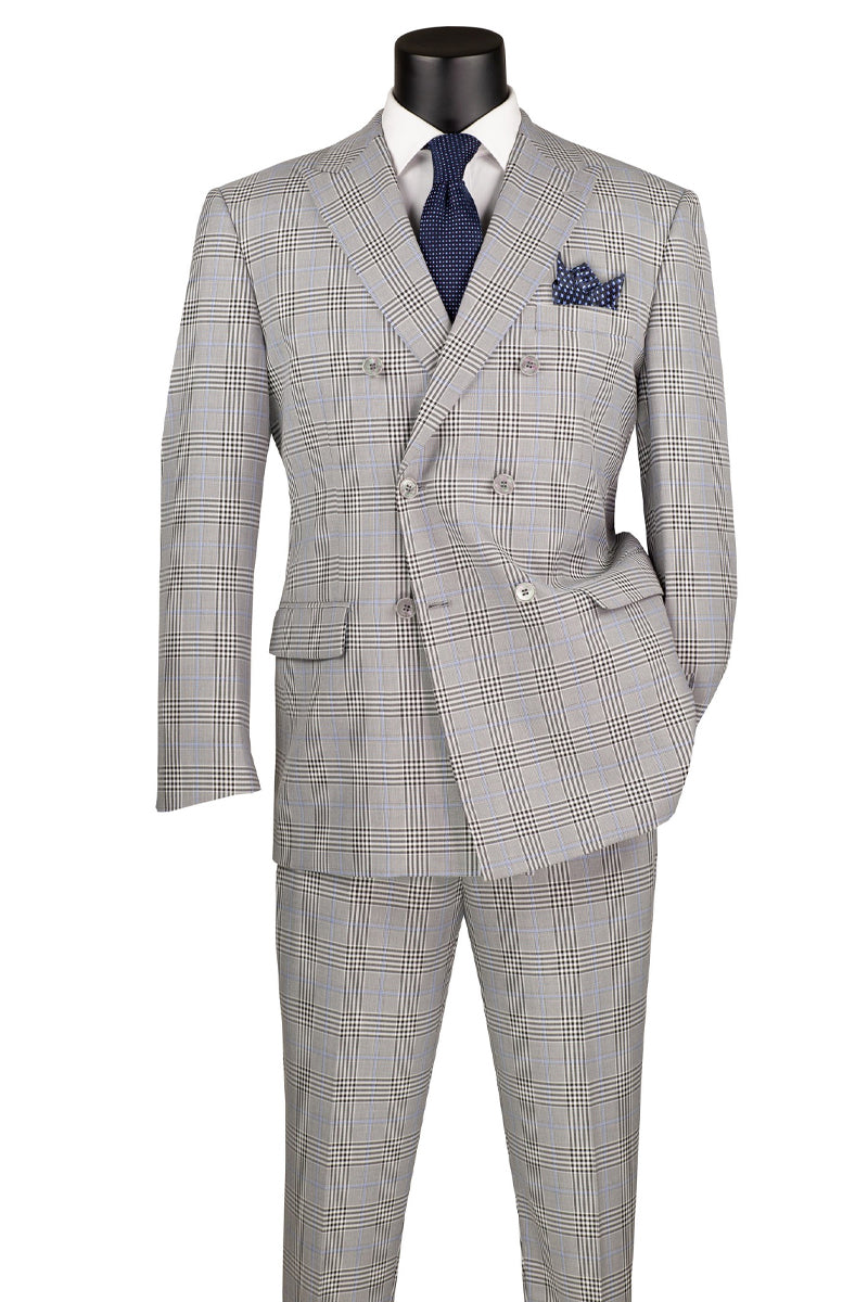 Men's Double Breasted Windowpane Plaid Suit in Grey