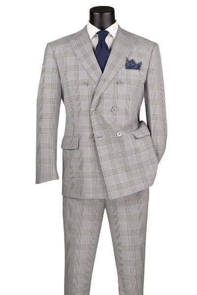 Men's Double Breasted Windowpane Plaid Suit in Grey