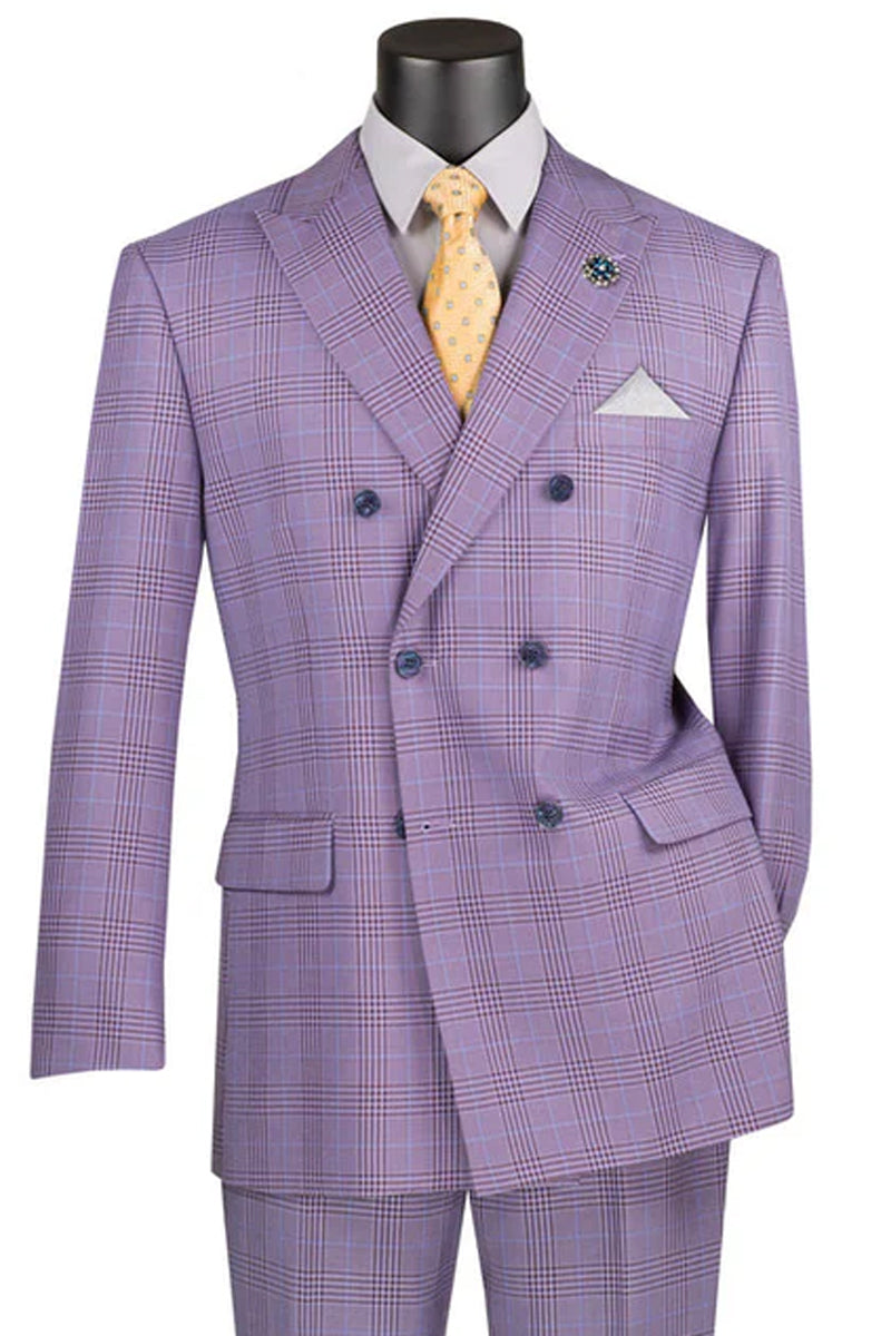 Men's Double Breasted Windowpane Plaid Suit in Light Purple