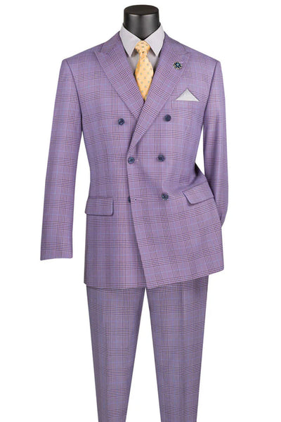 Men's Double Breasted Windowpane Plaid Suit in Light Purple