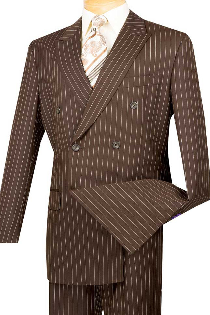 Mens Double Breasted Gangster Bold Pinstripe Suit in Brown