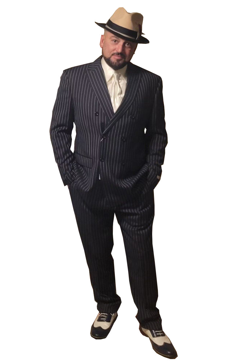 Mens Double Breasted Gangster Bold Pinstripe Suit in Navy Blue