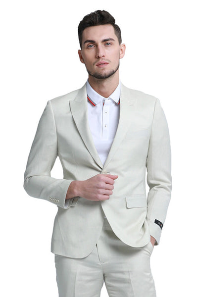Men's Two Button Peak Lapel Summer Linen Style Beach Wedding Suit in Ivory Off White