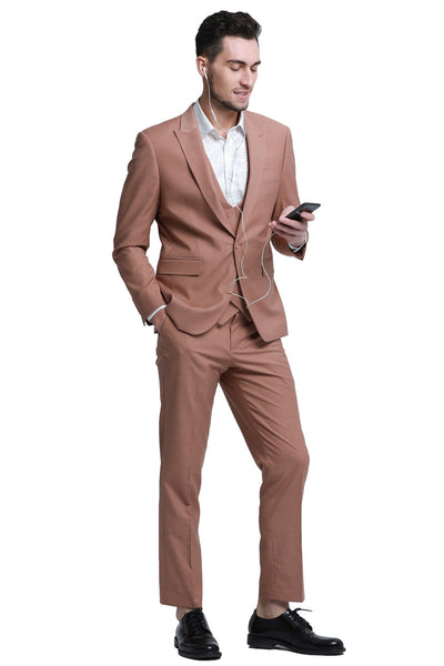 Men's Slim Fit One Button Peak Lapel Low Cut Double Breasted Vest Wedding Suit in Peach