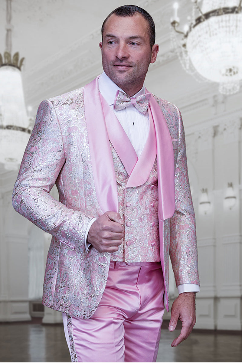 Men's Vested Shiny Paisley Wedding Tuxedo with Double Breasted Vest in Blush Pink