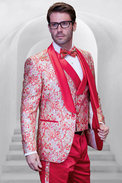 Men's Vested Shiny Paisley Wedding Tuxedo with Double Breasted Vest in Coral Orange