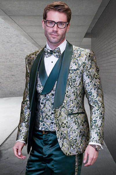 Men's Vested Shiny Paisley Wedding Tuxedo with Double Breasted Vest in Hunter Green