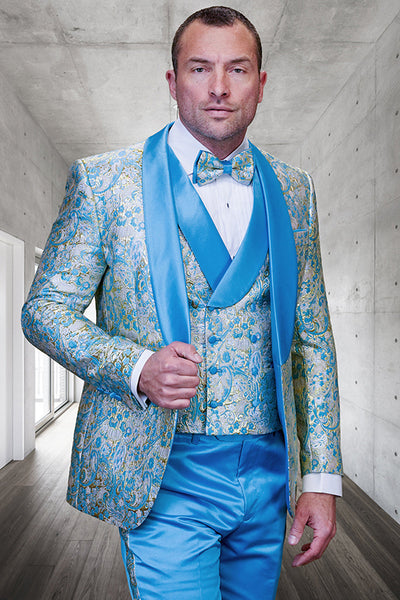 Men's Vested Shiny Paisley Wedding Tuxedo with Double Breasted Vest in Turquoise