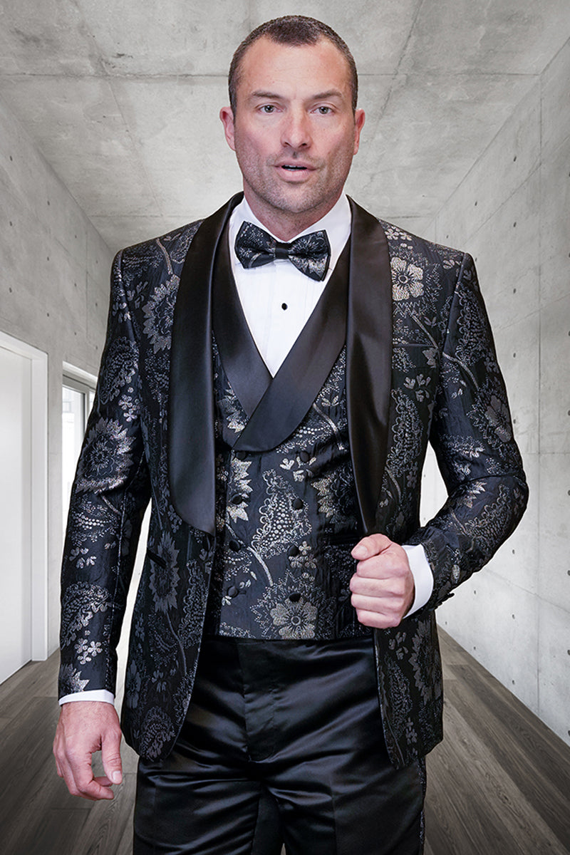 Men's Vested Prom & Wedding Tuxedo in Black Paisley Lace Print