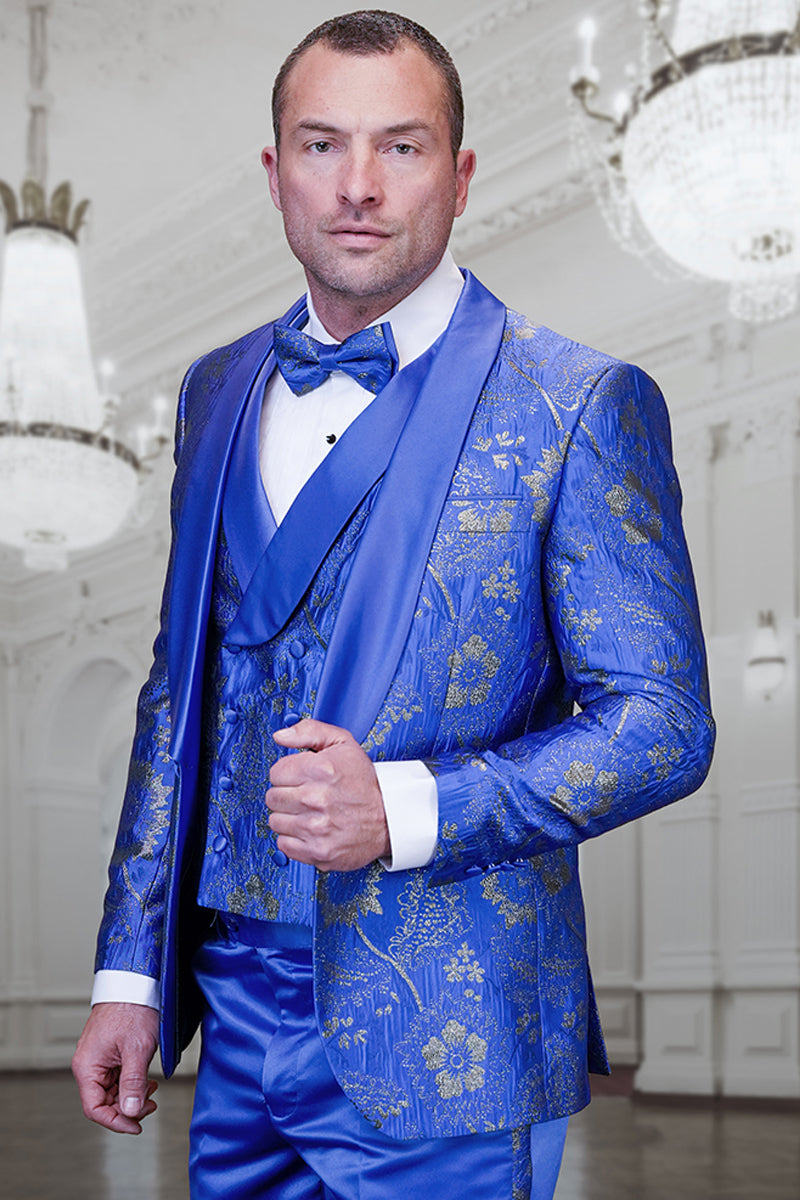 Men's Vested Prom & Wedding Tuxedo in Royal Blue Paisley Lace Print