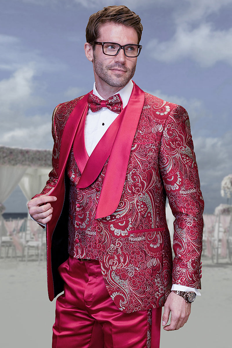 Men's Fancy Brocade Paisley Vested Prom & Wedding Tuxedo in Red