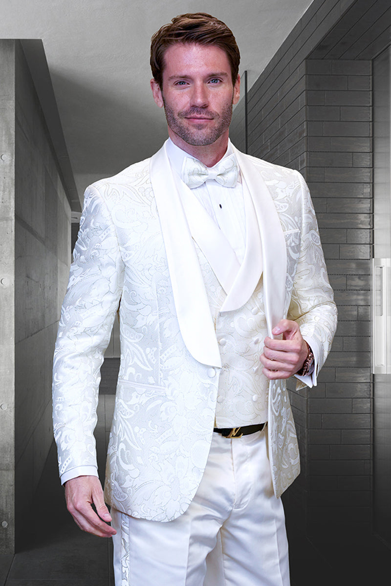 Men's Vested Shiny Paisley Prom & Wedding Tuxedo in Ivory Off White