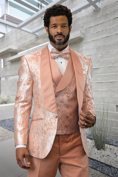 Men's Vested Designer Prom & Wedding Tuxedo in Japanes Paisley Satin in Blush Pink