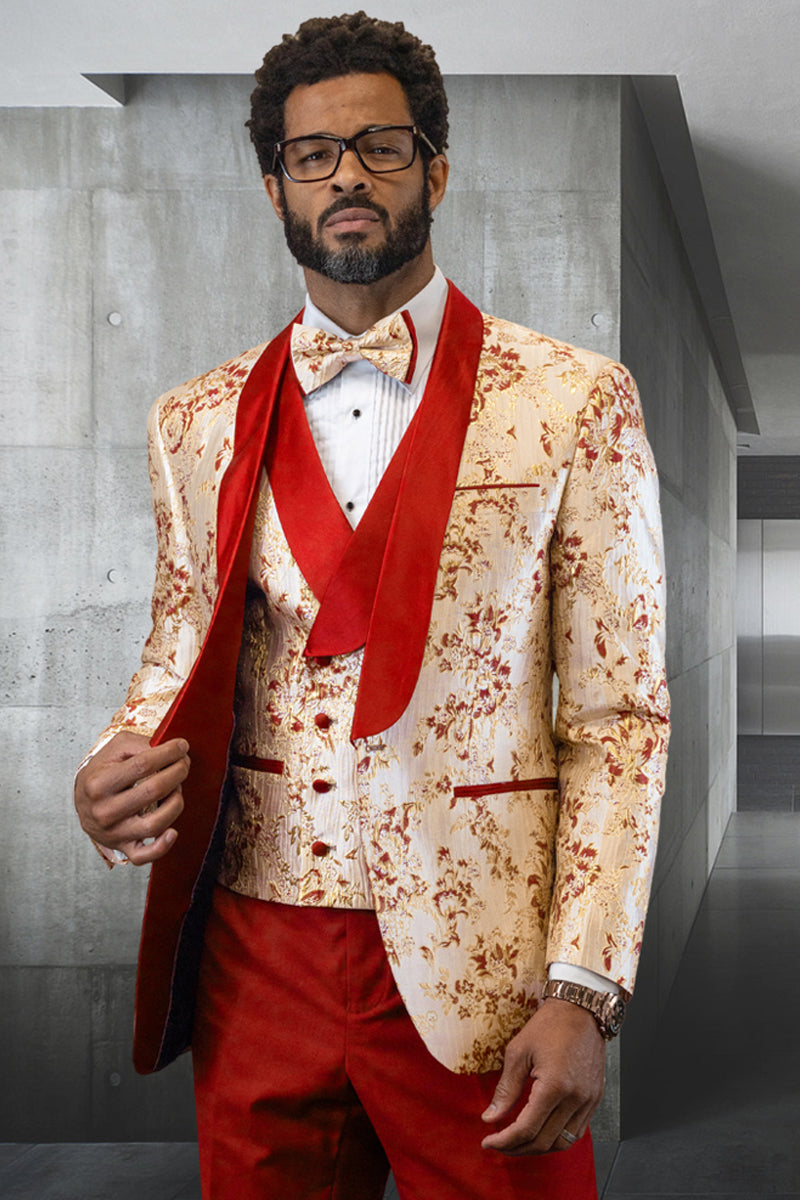 Men's Vested Designer Prom & Wedding Tuxedo in Japanes Paisley Satin in Coral Orange